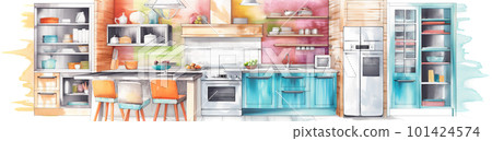 Modern kitchen furniture facade front view, watecolor banner illustration isolated on white, AI generative image Modern kitchen furniture facade front view, watecolor banner illustration isolated on white, AI generative image 101424574