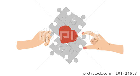 Red heart in hands man and woman. A man and a woman assemble a puzzle from a broken heart on a white background. Reconciliation concept. Red heart in hands man and woman. A man and a woman assemble a puzzle from a broken heart on a white background. Reconciliation concept. 101424618