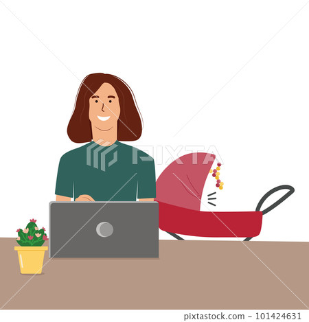 Woman freelancer working from home with child. A child in a stroller. Vector flat illustration. 101424631