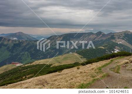 Upper station of chairlift in Snilovske sedlo, Chleb, Steny, Stoh, view from path to Velky Krivan in national park Mala Fatra. 101424651
