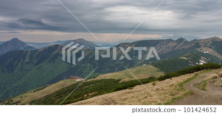 Upper station of chairlift in Snilovske sedlo, Chleb, Steny, Stoh, Velky Rozsutec, view from path to Velky Krivan in national park Mala Fatra. 101424652