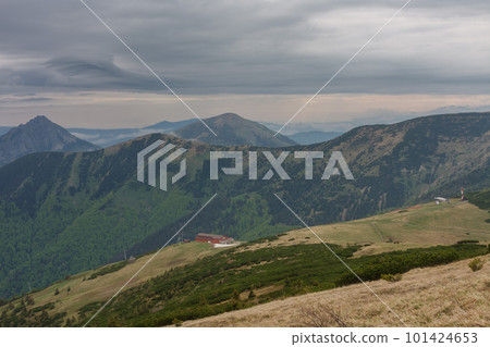 Upper station of chairlift in Snilovske sedlo,  Steny, Stoh, Velky Rozsutec,  view from path to Velky Krivan in national park Mala Fatra. 101424653