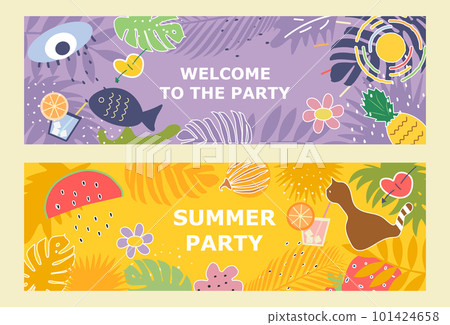 Set of vector banners for a summer beach party with fruits and cocktails .Summer party poster in a flat style. Vector 101424658