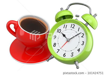 Vintage alarm clock with ceramic coffee cup on white background. Vintage alarm clock with ceramic coffee cup on white background. 101424751