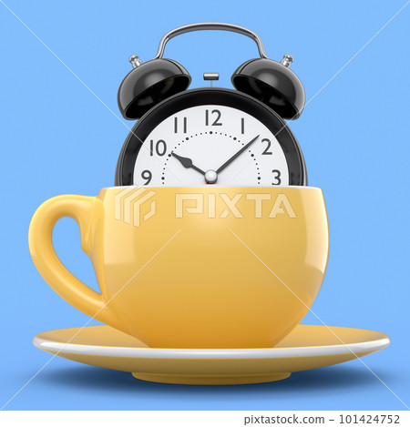Vintage alarm clock with ceramic coffee cup on blue background. Vintage alarm clock with ceramic coffee cup on blue background. 101424752