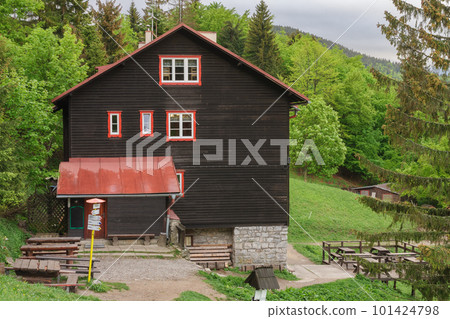 Chalet under mountain Suchy Vrch, national park Mala Fatra, Slovakia, spring sunset time 101424798
