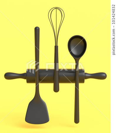 Wooden kitchen utensils, tools and equipment on monochrome background. 101424832