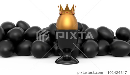 Group of farm black chicken eggs and unique egg with funny face and gold crown 101424847