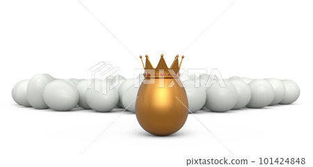 Crowd of farm white chicken eggs and unique gold egg in royal king crown 101424848