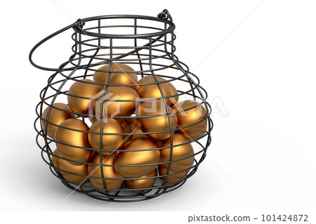 Luxury gold eggs in metal basket or paper cardboard for morning breakfast 101424872
