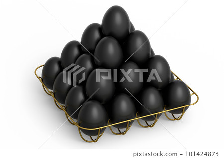 Luxury black eggs standing in pyramid in metal tray for morning breakfast 101424873