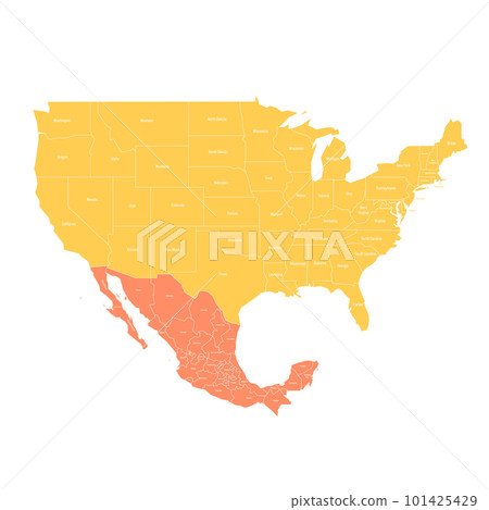 United States and Mexico political map of administrative divisions. Colorful vector map with labels. United States and Mexico political map of administrative divisions. Colorful vector map with labels. 101425429