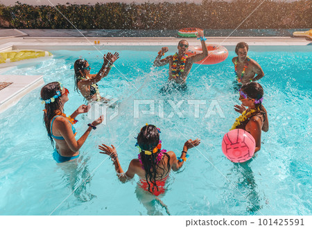 Group of friend play together in the swimming pool 101425591