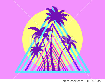 80s retro sci-fi palm trees on a sunset. Retro futuristic sun with palm trees in a triangular frame. Synthwave style. Design for advertising brochures, banners and posters. Vector illustration 101425859