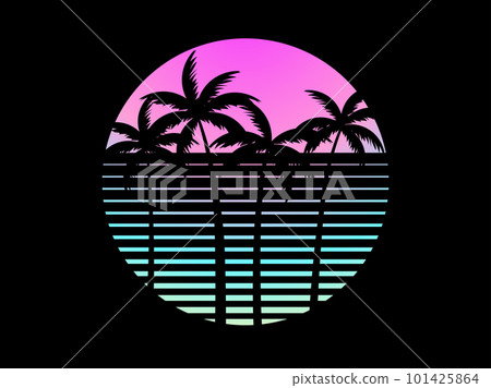 Tropical palm trees at sunset in a futuristic 80s style. Summer time, silhouettes of palm trees in synthwave and retrowave style. Design of advertising booklets and banners. vector illustration Tropical palm trees at sunset in a futuristic 80s style. Summer time, silhouettes of palm trees in synthwave and retrowave style. Design of advertising booklets and banners. vector illustration 101425864