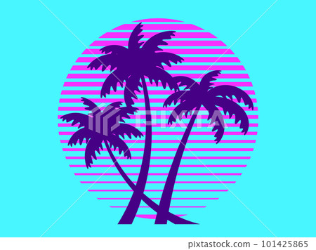 Sunset with palm trees in 80s style. Summer party. Retro futuristic sun with outline palm trees in synthwave style. Design for printing advertising brochures, banners and posters. Vector illustration Sunset with palm trees in 80s style. Summer party. Retro futuristic sun with outline palm trees in synthwave style. Design for printing advertising brochures, banners and posters. Vector illustration 101425865