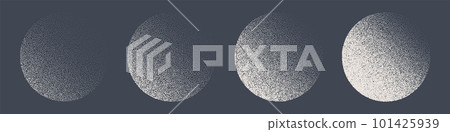 Round shaped dotted objects, stipple elements. Fading gradient. Stippling, dotwork drawing, shading using dots. Pixel disintegration, halftone effect. White noise grainy texture. Vector illustration 101425939