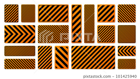 Various black and orange warning signs with diagonal lines. Attention, danger or caution sign, construction site signage. Realistic notice signboard, warning banner, road shield. Vector illustration 101425940
