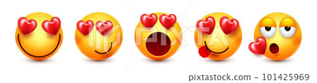 Cartoon emoji with hearts, emoticons collection. Yellow face with emotions, mood. Facial expression, realistic emoji. Sad, happy, angry faces. Funny character with smiling face. Vector illustration 101425969