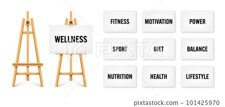 Realistic paint desk with text on white canvas. Wooden easel and a sheet of drawing paper. Presentation board on a tripod. Wellness, healthy lifestyle and motivation. Vector illustration 101425970