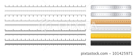 Realistic metal and plastic rulers. Measurement scales with divisions. Scale for measuring length or height in centimeters, inches. Ruler, tape measure marks, size indicators. Vector illustration Realistic metal and plastic rulers. Measurement scales with divisions. Scale for measuring length or height in centimeters, inches. Ruler, tape measure marks, size indicators. Vector illustration 101425971