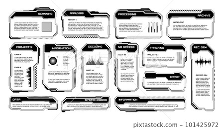 Black futuristic HUD, UI elements. Sci-fi user interface text boxes, callouts. Warning message frames, information boxes template. Modern game interface layout in digital style. Vector illustration 101425972
