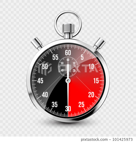 Realistic classic stopwatch. Shiny metal chronometer, time counter with dial. Red countdown timer showing minutes and seconds. Time measurement for sport, start and finish. Vector illustration 101425973