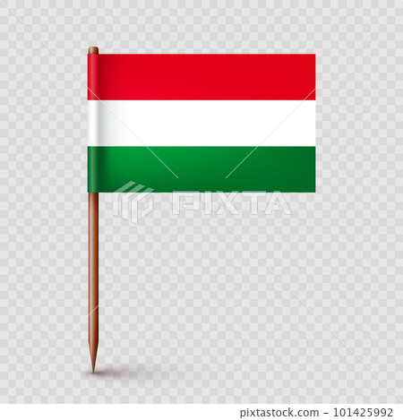 Realistic Hungarian toothpick flag. Souvenir from Hungary. Wooden toothpick with paper flag. Location mark, map pointer. Blank mockup for advertising and promotions. Vector illustration 101425992