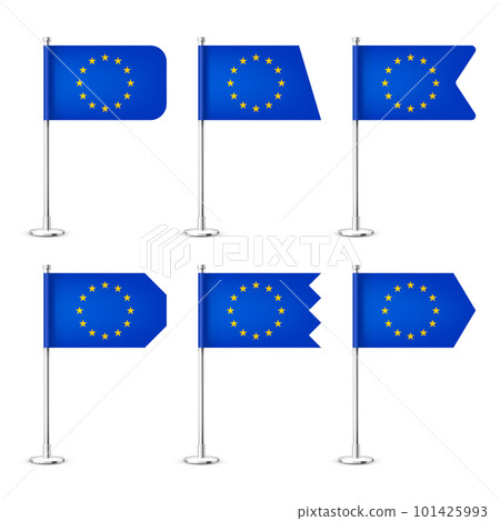 Realistic various European table flags on a chrome steel pole. Souvenir from Europe. Desk flag made of paper or fabric, shiny metal stand. Mockup for promotion and advertising. Vector illustration Realistic various European table flags on a chrome steel pole. Souvenir from Europe. Desk flag made of paper or fabric, shiny metal stand. Mockup for promotion and advertising. Vector illustration 101425993