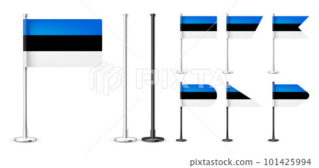 Realistic various Estonian table flags on a chrome steel pole. Souvenir from Estonia. Desk flag made of paper or fabric, shiny metal stand. Mockup for promotion and advertising. Vector illustration Realistic various Estonian table flags on a chrome steel pole. Souvenir from Estonia. Desk flag made of paper or fabric, shiny metal stand. Mockup for promotion and advertising. Vector illustration 101425994