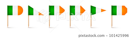 Realistic various Irish toothpick flags. Souvenir from Ireland. Wooden toothpicks with paper flag. Location mark, map pointer. Blank mockup for advertising and promotions. Vector illustration 101425996