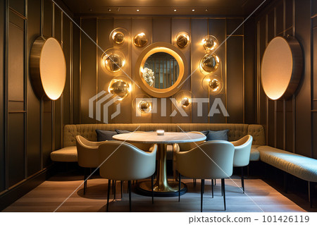 Interior of modern luxury restaurant, table and chairs in empty room, generative AI. 101426119