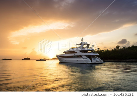 Luxury motor yacht in sea bay at sunset, expensive rich boat in ocean, generative AI. 101426121