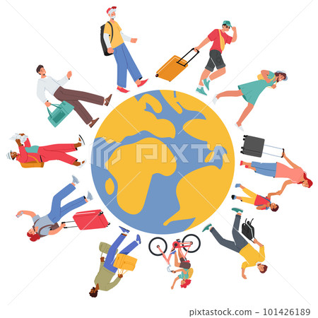 Tourist Character Of Different Ethnicities Walking Around The Earth Planet Symbolize Global Unity And Diversity Tourist Character Of Different Ethnicities Walking Around The Earth Planet Symbolize Global Unity And Diversity 101426189