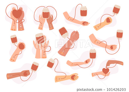 Set Of Donor Hands With Plastic Bags, Ready To Donate Blood. The Picture Promote Blood Donation Campaigns, Illustration 101426203