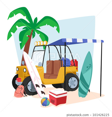 Car Parked On The Sandy Beach With Vacation Gear Such As Surf Board, Cooler, Balls, Rucksack Cartoon Vector Illustration 101426225