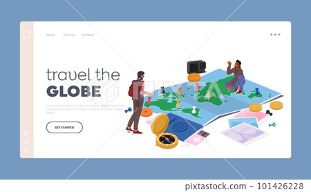 Travel around the World Landing Page Template. Group Of People Gather Around Huge World Map, Pointing Out Locations 101426228