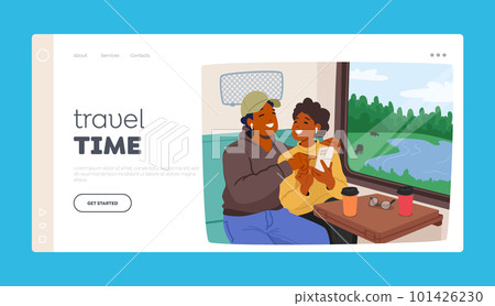 Travel Time Landing Page Template. Young Couple Sitting In Train Carriage Chatting, Looking in Smartphone Screen 101426230