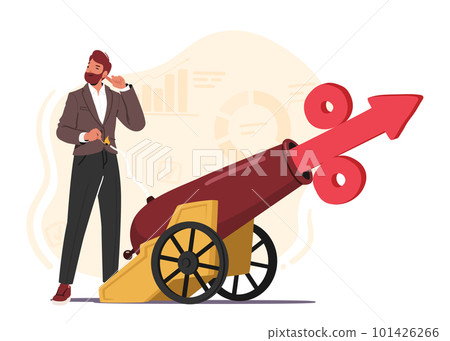 Businessman Character Shooting Cannon With Percent Sign Symbolizes An Interest Rate Hike Cartoon Vector Illustration 101426266