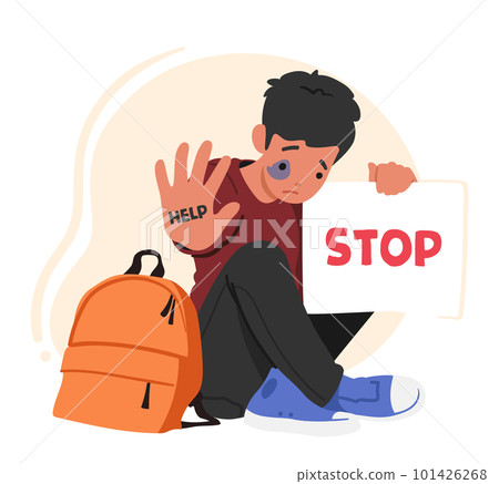 Young Boy Character with Signs of Beatings on Face Holds Banner With Word Stop, Fight Against Domestic Violence Young Boy Character with Signs of Beatings on Face Holds Banner With Word Stop, Fight Against Domestic Violence 101426268