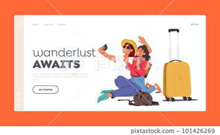 Wanderlust Awaits Landing Page Template. Mother And Daughter Characters Taking Selfie Near Luggage Bagsб Illustration 101426269