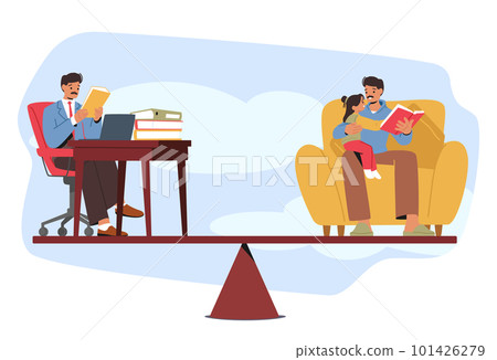 Balance Scale With Working Man Character On One Side And his Family Life On The Other, Struggle Between Career or Family Balance Scale With Working Man Character On One Side And his Family Life On The Other, Struggle Between Career or Family 101426279