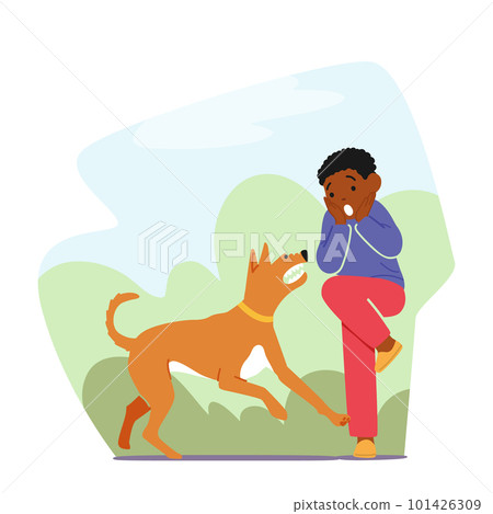 Childs Fear Of Dog, Little Boy Character Appears Anxious And Tense In The Dog's Presence Cartoon Vector Illustration 101426309