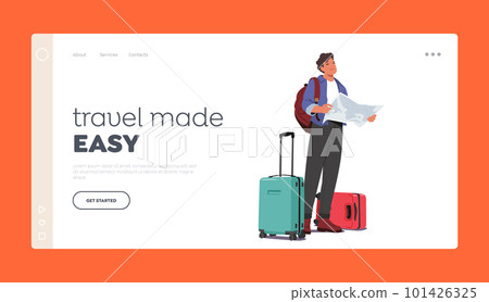 Travel Easy Landing Page Template. Man Holding Map And Luggage, Looking Prepared To Travel. Image Promoting Travel Travel Easy Landing Page Template. Man Holding Map And Luggage, Looking Prepared To Travel. Image Promoting Travel 101426325
