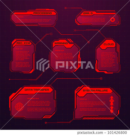 Red futuristic HUD or UI elements. Sci-fi user interface text boxes, callouts. Warning message frames, information boxes template. Modern game interface layout in digital style. Vector illustration 101426800