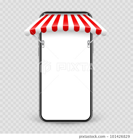 Smartphone with shop sunshade and metal mount, online internet shopping. Realistic red striped cafe awning. Outdoor market tent. Roof canopy. Summer street store. Vector illustration 101426829