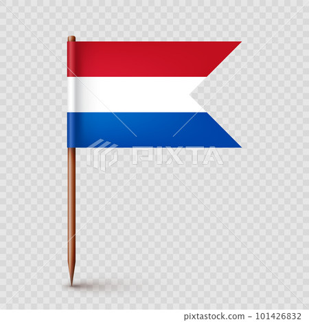 Realistic Dutch toothpick flag. Souvenir from Netherlands. Wooden toothpick with paper flag. Location mark, map pointer. Blank mockup for advertising and promotions. Vector illustration Realistic Dutch toothpick flag. Souvenir from Netherlands. Wooden toothpick with paper flag. Location mark, map pointer. Blank mockup for advertising and promotions. Vector illustration 101426832