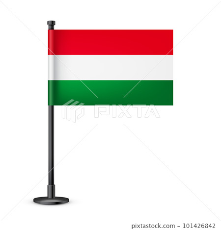Realistic Hungarian table flag on a black steel pole. Souvenir from Hungary. Desk flag made of paper or fabric and shiny metal stand. Mockup for promotion and advertising. Vector illustration 101426842