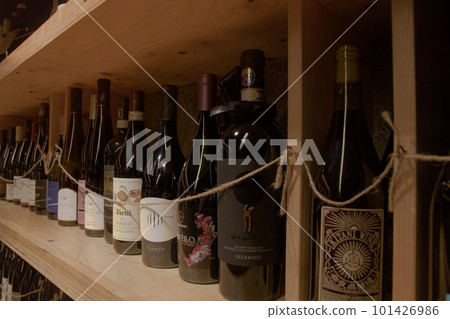 Wines from around the world displayed in a wine shop 02 Wines from around the world displayed in a wine shop 02 101426986