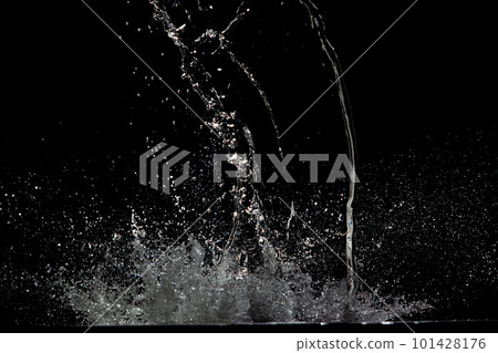 Blur Defocus Image of Water hit wall ground, explode into drop droplet. Amount Water attack impact and fluttering in air explosion. Stop motion freeze shot. Splash Water for texture elements 101428176